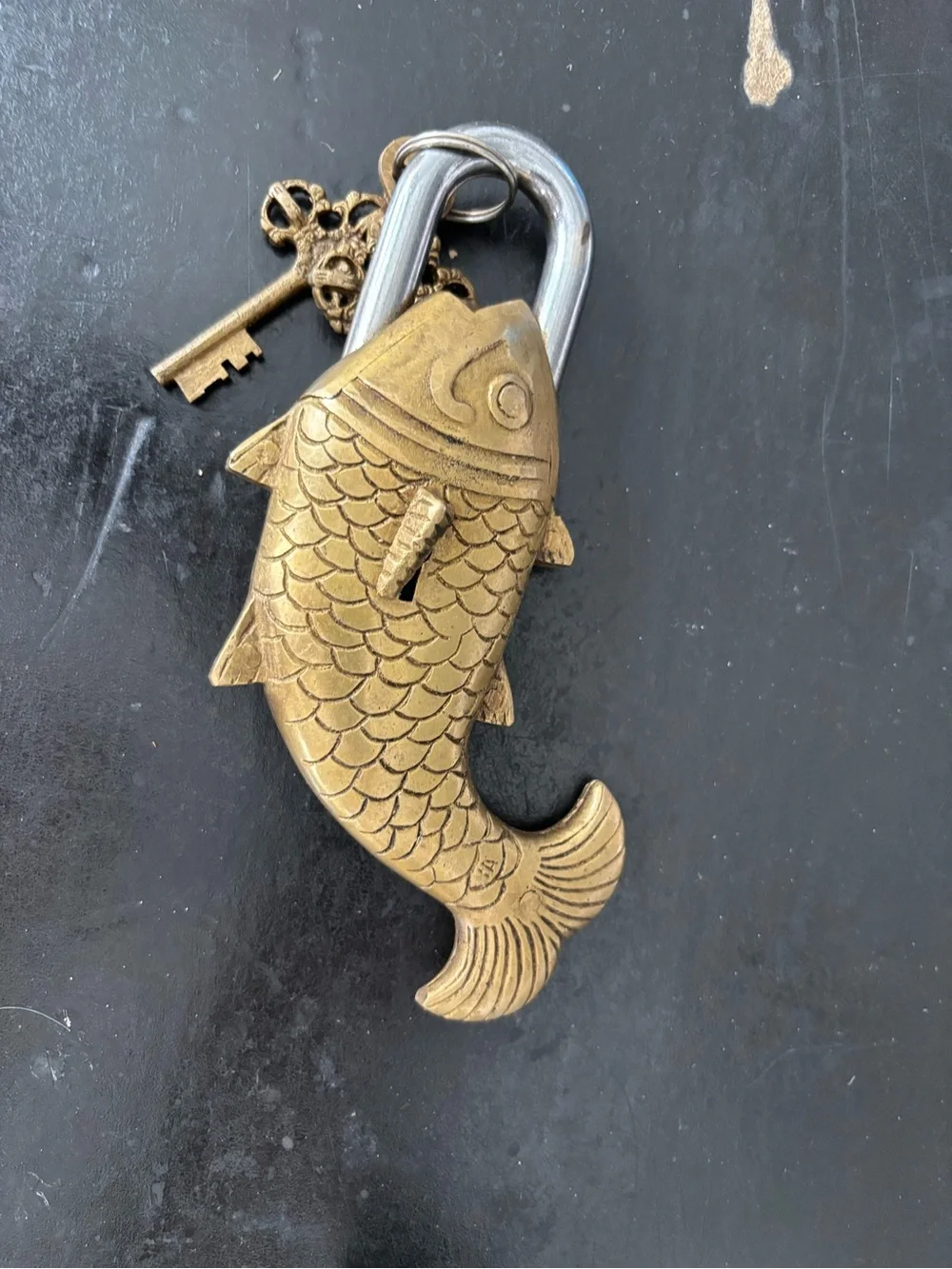 Antique Brass Fish-Shaped Lock - Gold Decorative Pet Fish Accessory 7 inches